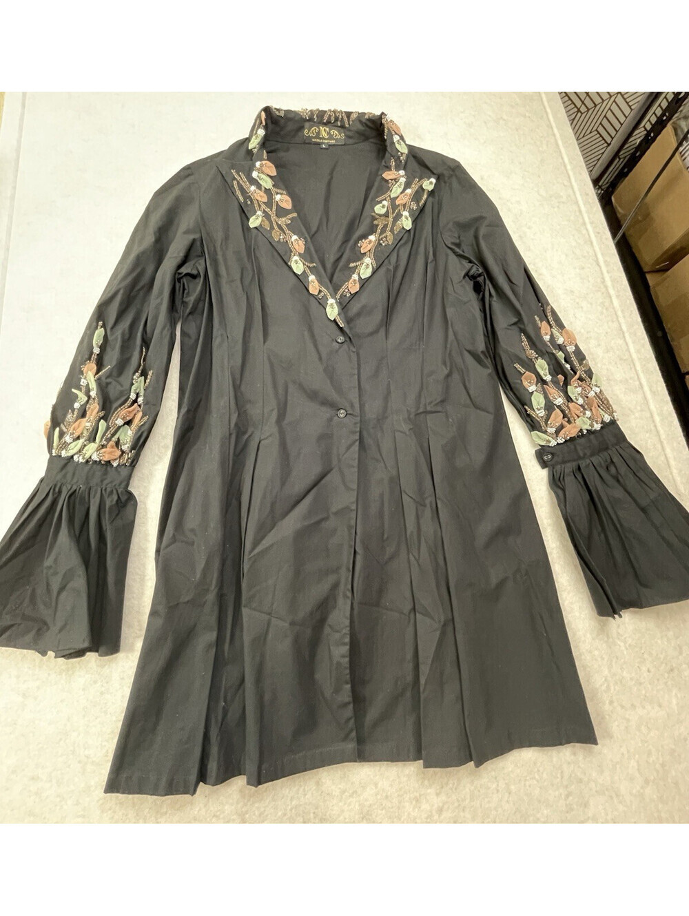 Nazila Couture Long Tunic Top Bell Cuffs V-Neck  Beaded Embellishments L* READ